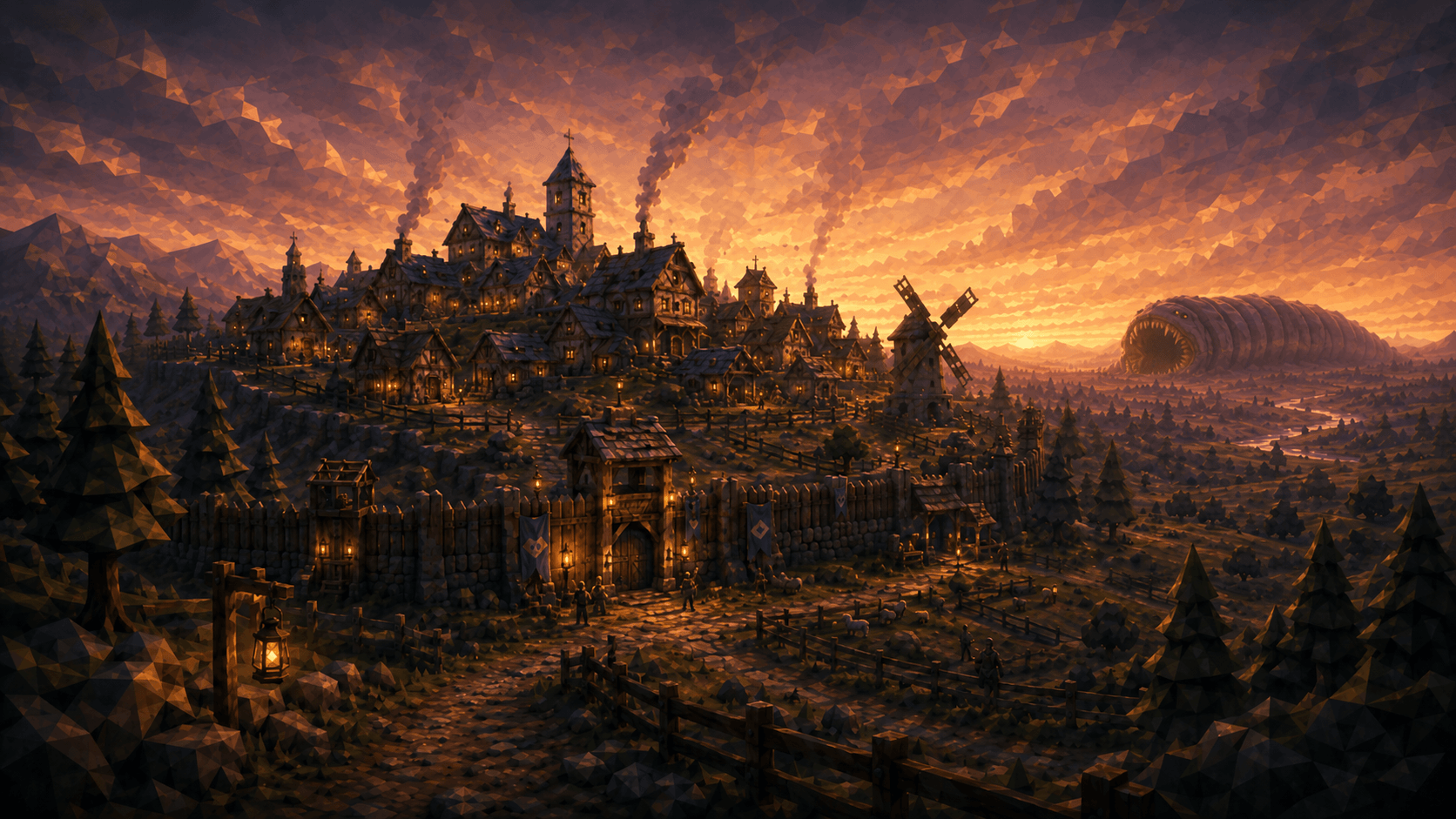 A thriving village at sunset