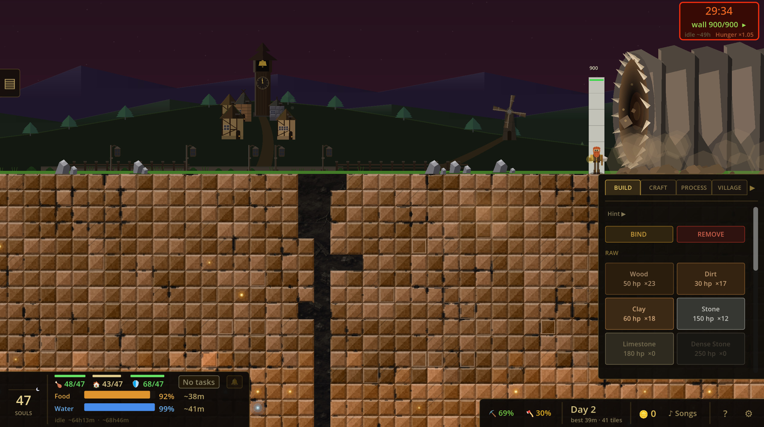The surface at night, the build menu open, the Maw's great toothed wheel gnawing at the wall's edge