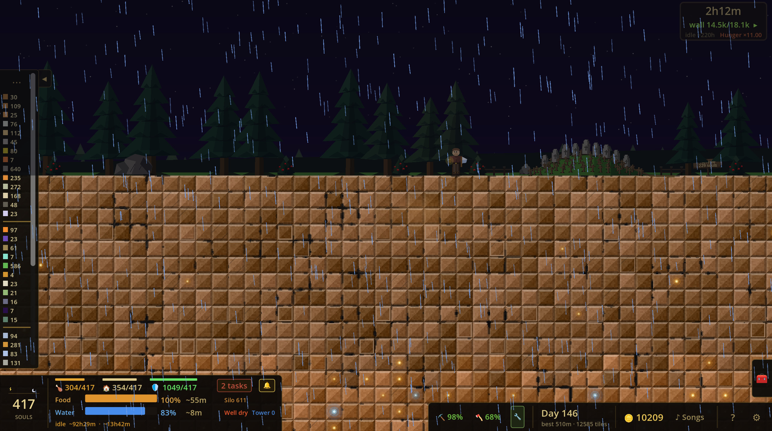 The village weathering a night storm, rain streaking past the pines and a distant graveyard