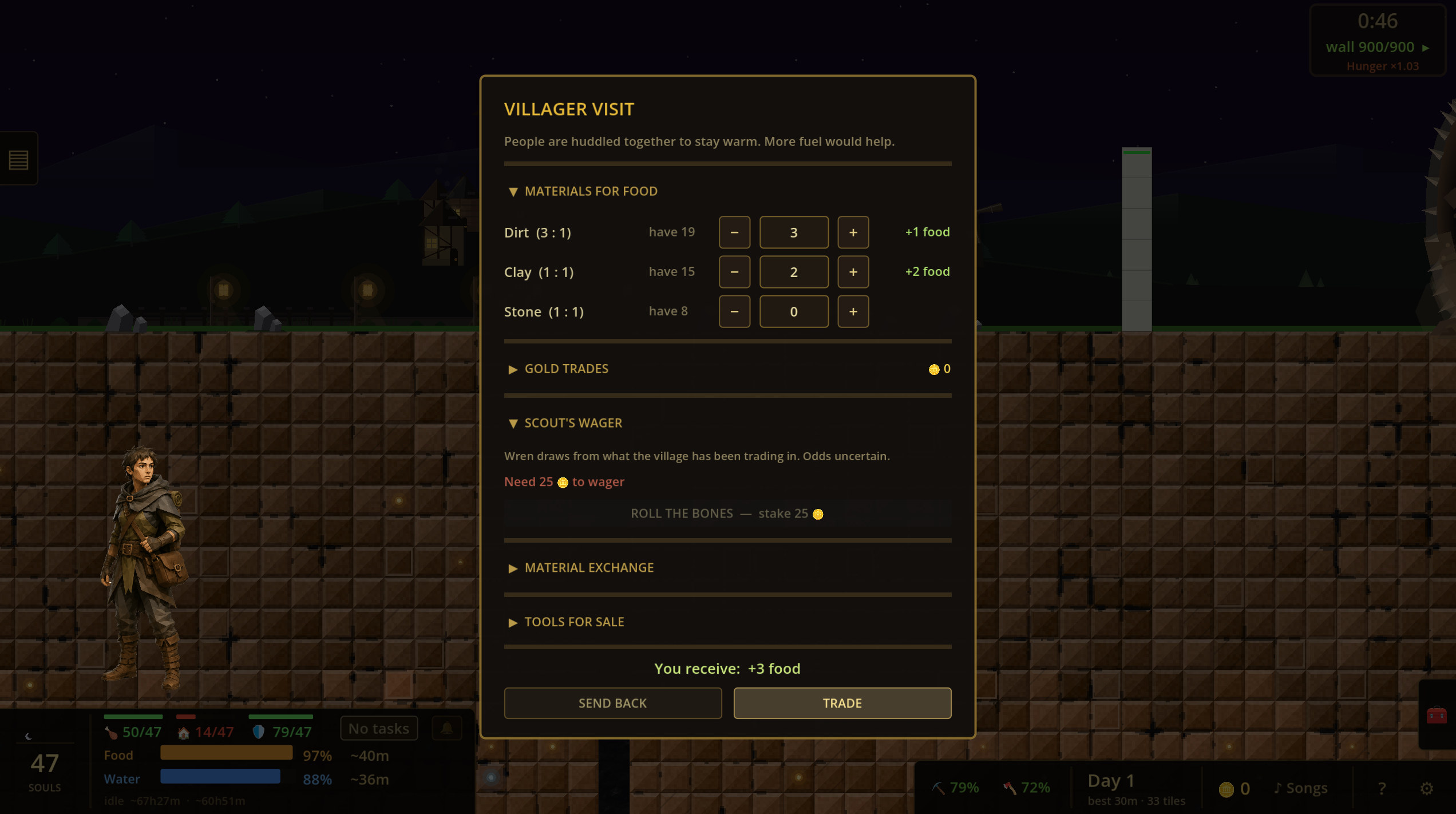 The Villager Visit panel — trade raw materials for food, wager gold, and buy tools from a passing scout